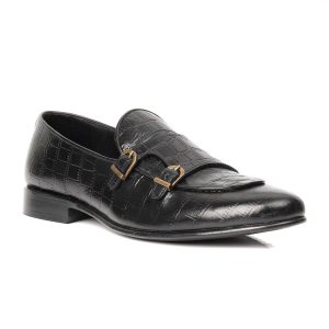 Black Croc Embossed Double Monk Loafers Bella Tread